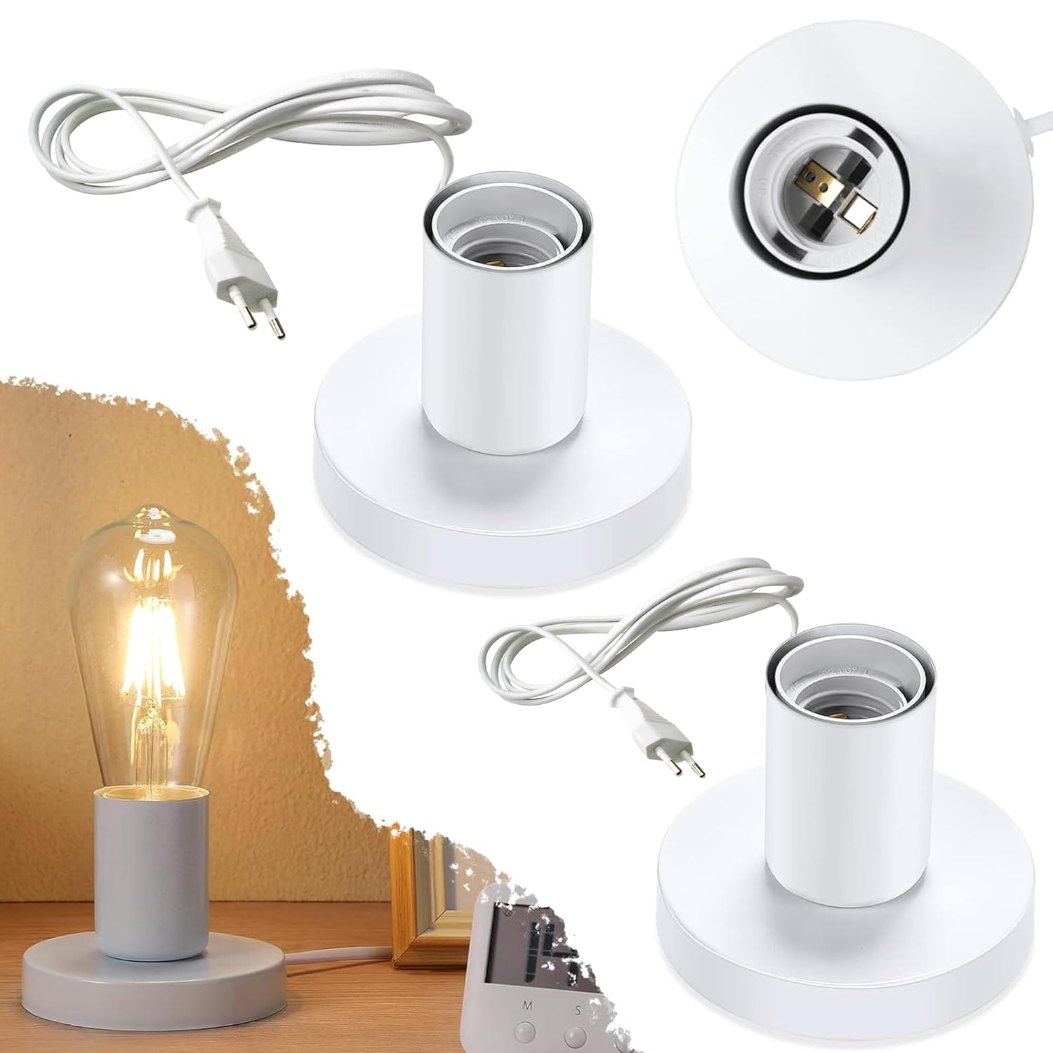 Polished Metal Desktop Lamp Base E26 E27 Screw Light Bulb Holder Base Light Sockets Base Light Bulb Base Lamp Replacement Base for Holding Bulb, 6 Feet Cord White Set of 2