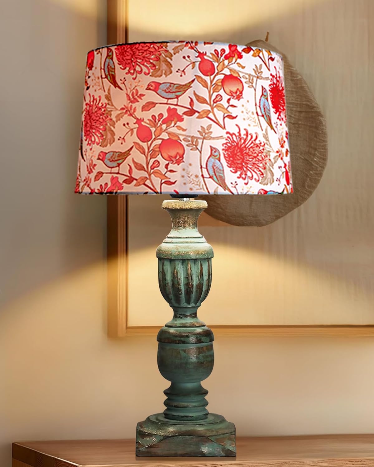 Decorcity Vintage Rustic Wooden Table Lamp for Living Room & Bedroom | Handcrafted Teal Distressed Base with Fabric Drum Shade | Bedside Nightstand Lamp for Home Décor (Bird)