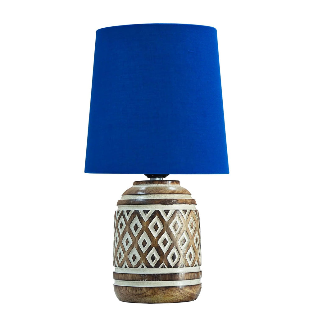 Antique Carved Cylinder Wood Table Lamp with Linen Wooden Nightstand Lamp Kids Table Lamp for Bedroom Kids Bedside Cartoon Nursery Lamp Lampshade for Girls Boys Living Room Blue