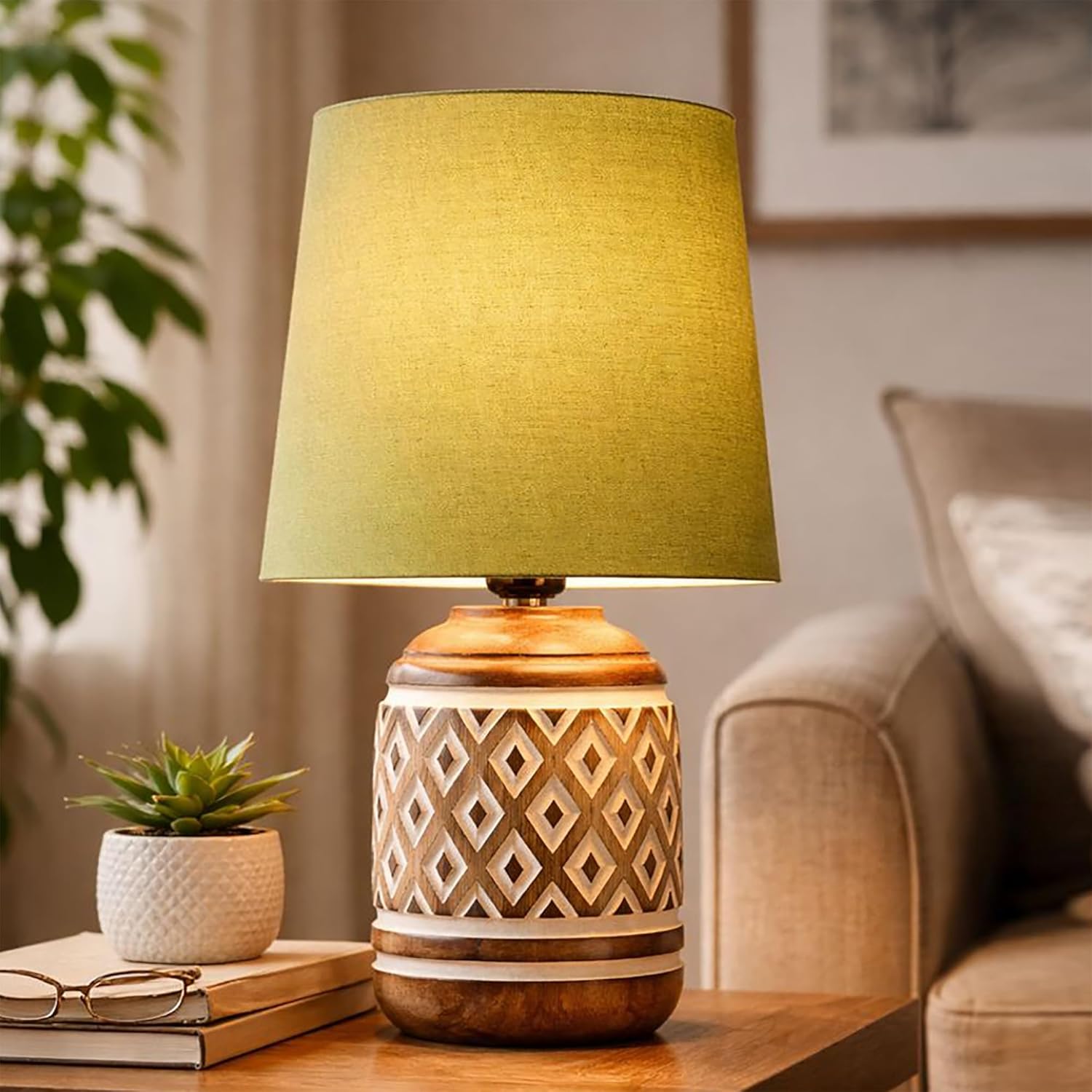 Antique Carved Wood Table Lamp with Linen Wooden Nightstand Lamp Kids Table Lamp for Bedroom Kids Bedside Cartoon Nursery Lamp Lampshade for Girls Boys Living Room Green