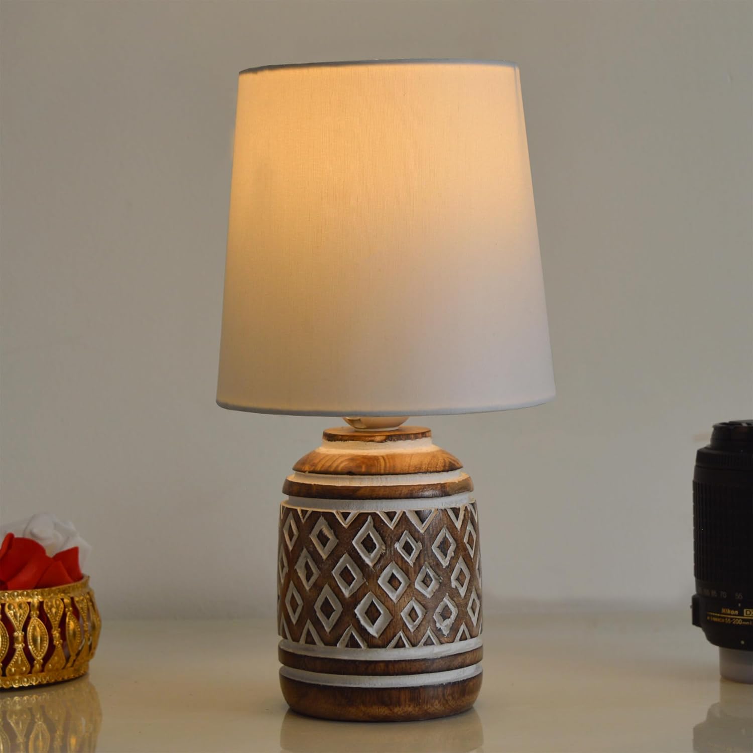 Click to see full view  Ask Rufus  What type of bulb does it use?   Does it have a dimmer switch?   Is it made from real wood?   Ask something else Table Lamp | Carved Cylinder White Night Lamp for Bedroom, Living Room, Bedside & Home Decor | Vintage lamp