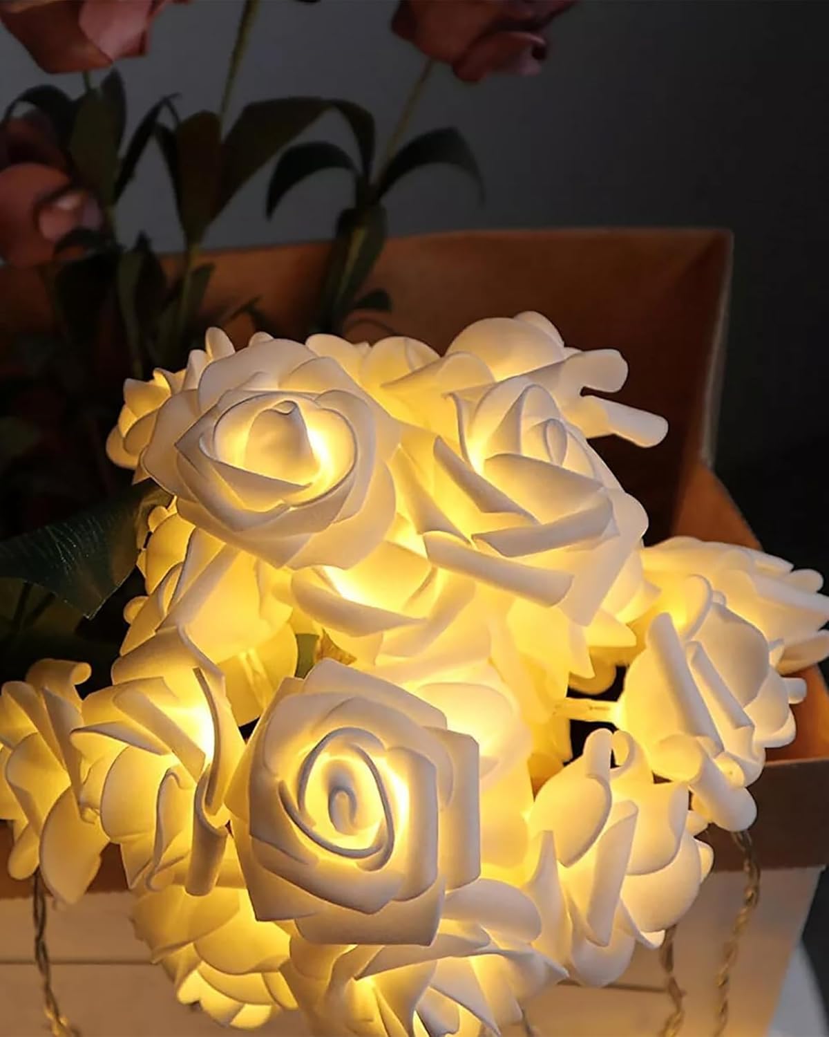 Rose Flower String Lights, 14 LED Electric Operated Romantic Rose Lights, 13Ft Artificial Flowers Garland Led Lights for Valentine's Day Wedding Indoor Outdoor Festival Party Decor White