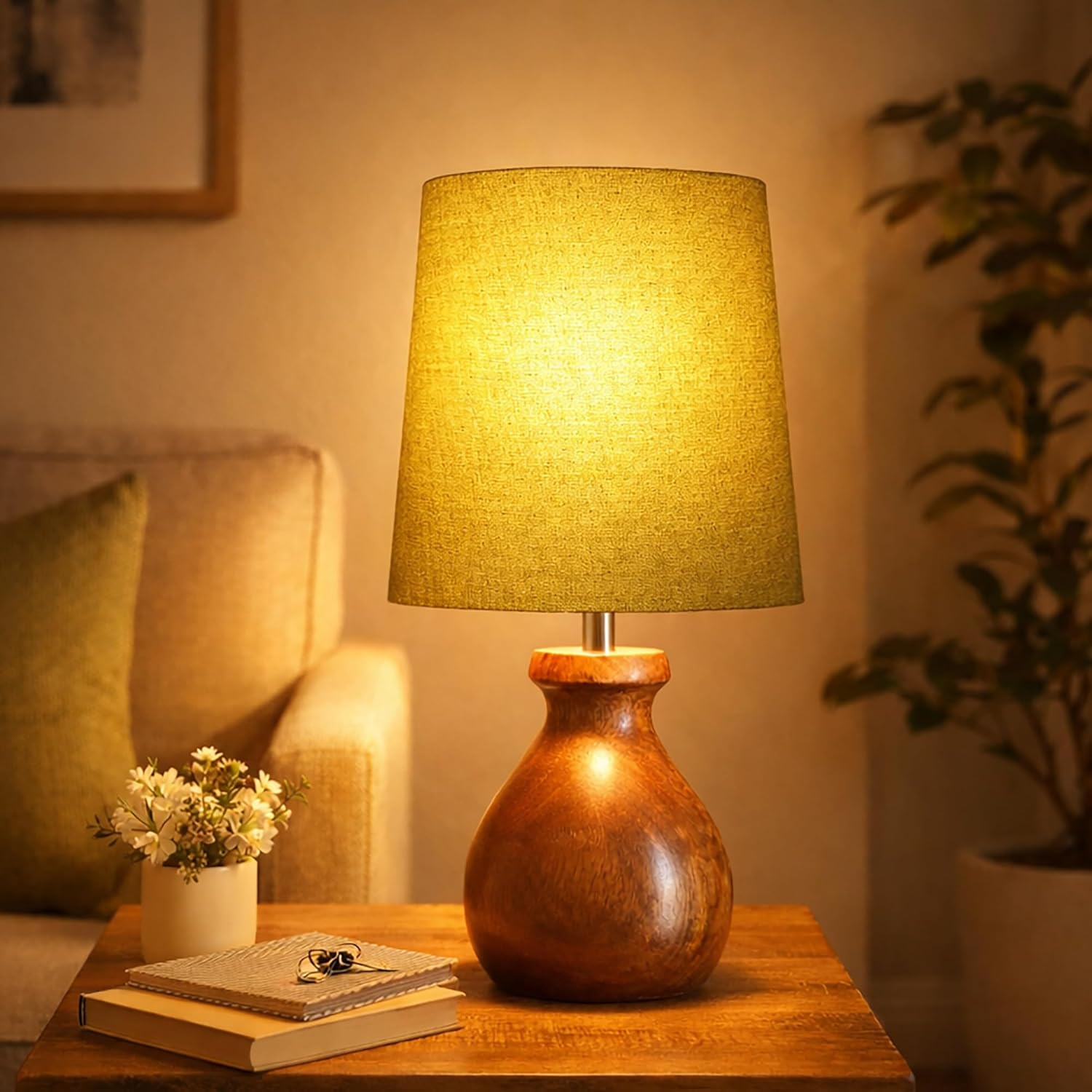 Mini Farmhouse Wooden Dome Dowel Pot Table Lamps Vintage Small Lamps Decorative for Small Spaces Bedside Lamps Suitable for Nightstand Children's Room or University Dormitory Green