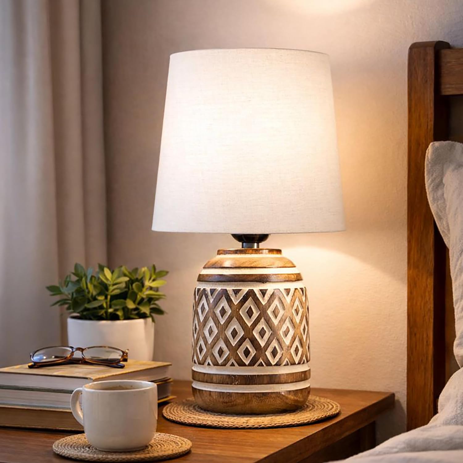 Antique Carved Wood Table Lamp with Linen Wooden Nightstand Lamp Kids Table Lamp for Bedroom Kids Bedside Cartoon Nursery Lamp Lampshade for Girls Boys Living Room White