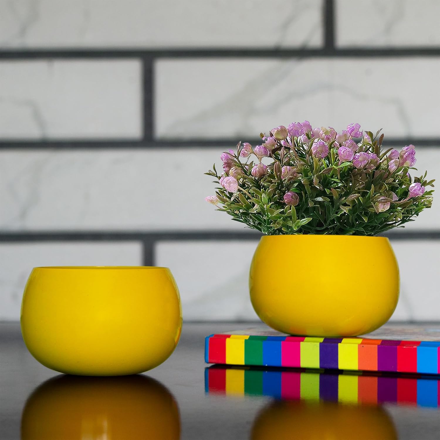 Flower Pot Plant Pots Round Metal Small PotsFlower Pots Solid Color Round Garden SuppliesPlanters with Drainage Holes Succulent Planting Pots House Plants, Succulents, Flowers Yellow Set of 2