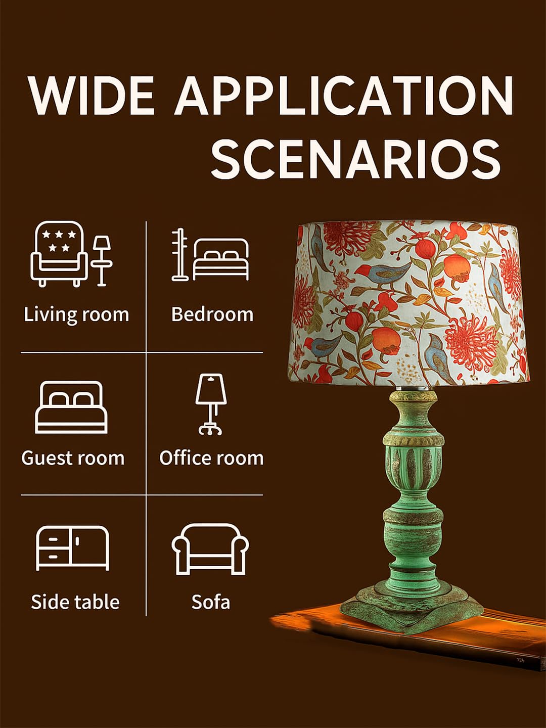 Decorcity Vintage Rustic Wooden Table Lamp for Living Room & Bedroom | Handcrafted Teal Distressed Base with Fabric Drum Shade | Bedside Nightstand Lamp for Home Décor (Bird)