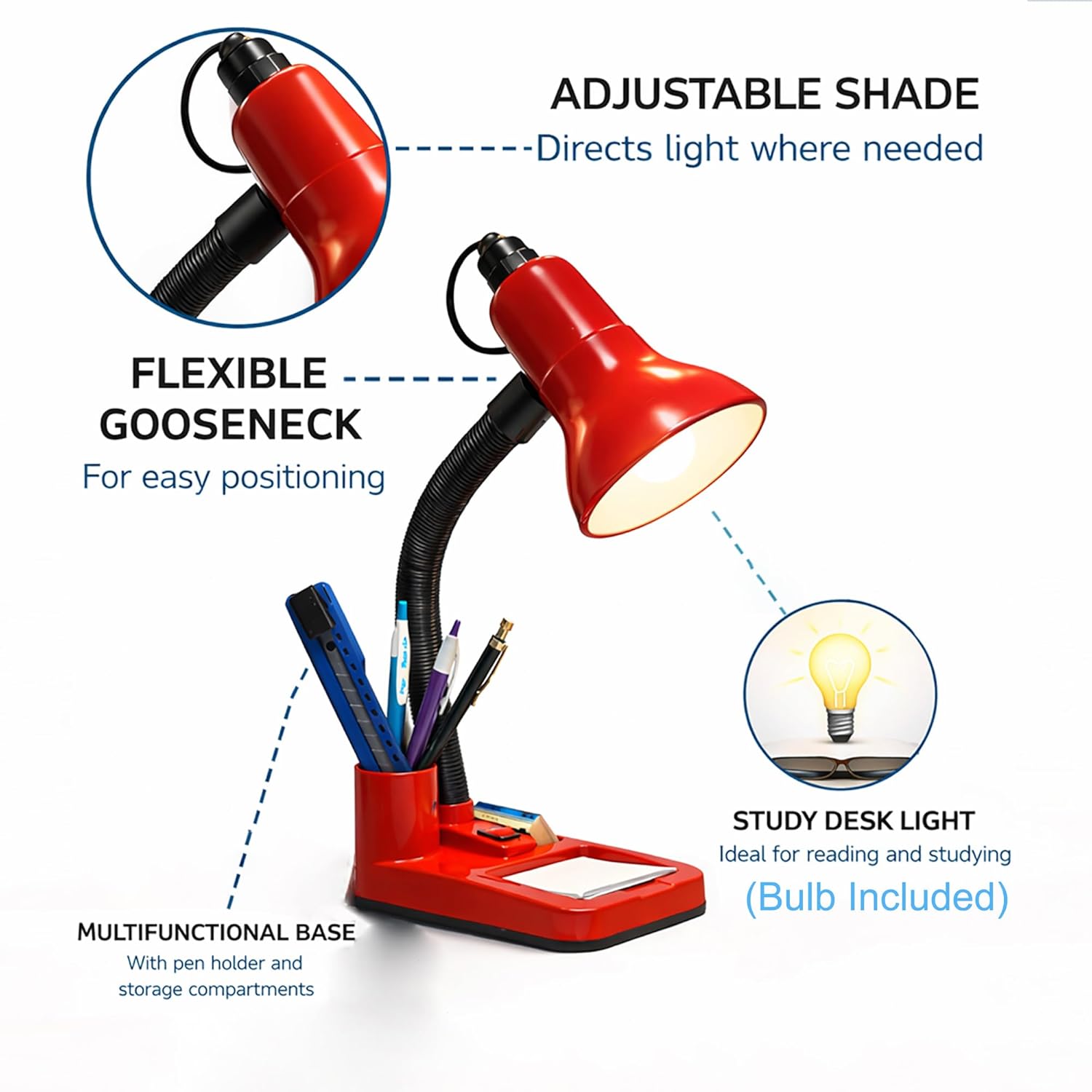 Stylish Red Adjustable LED Table Lamp For Home/Office/Study (Bulb Not Included