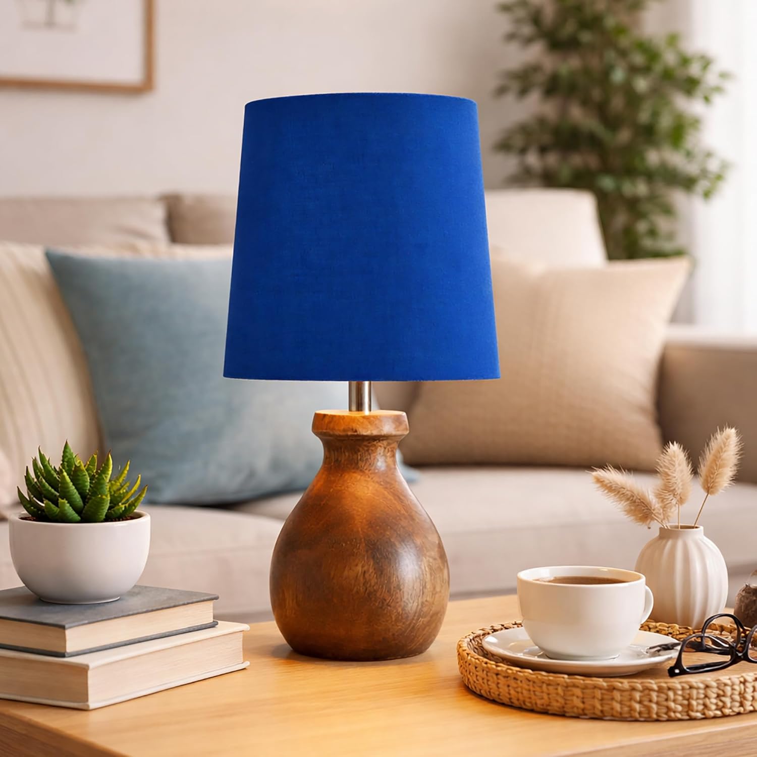 Mini Farmhouse Wooden Dome Dowel Pot Table Lamps Vintage Small Lamps Decorative for Small Spaces Bedside Lamps Suitable for Nightstand Children's Room or University Dormitory Blue