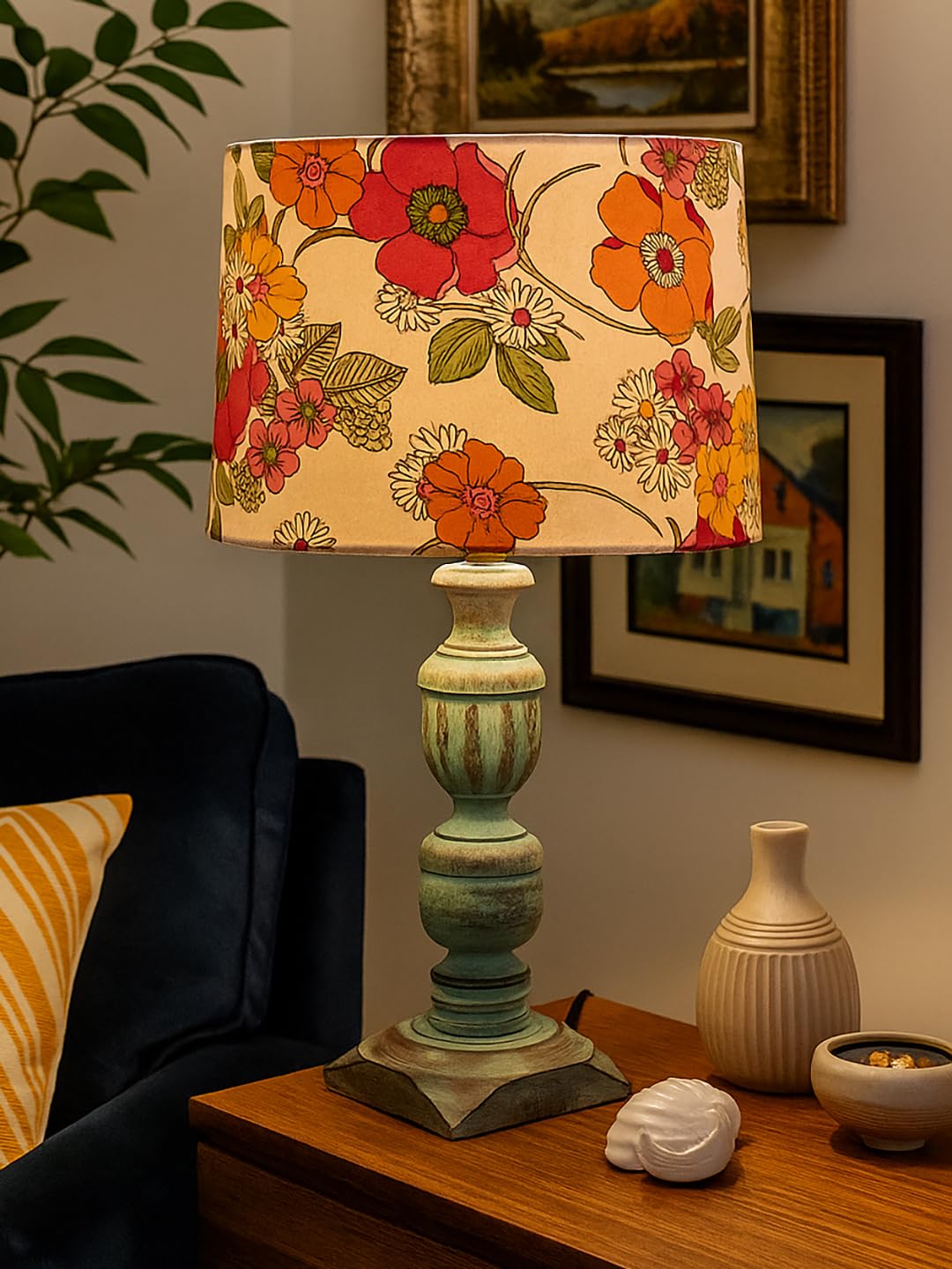 Decorcity Vintage Rustic Wooden Table Lamp for Living Room & Bedroom | Handcrafted Teal Distressed Base with Fabric Drum Shade | Bedside Nightstand Lamp for Home Décor (Gazania Sunshine)