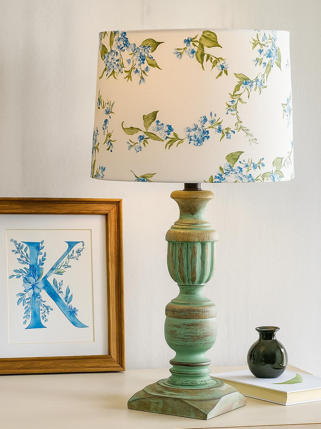 Decorcity Vintage Rustic Wooden Table Lamp for Living Room & Bedroom | Handcrafted Teal Distressed Base with Fabric Drum Shade | Bedside Nightstand Lamp for Home Décor (Cornflower)