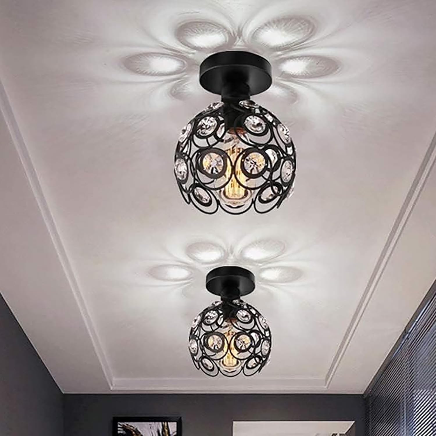 Modern Mini Chandelier Lamp, Crystal Ceiling Light, Semi-Flush Mount Corridor Lights Lamp for Bedroom Black