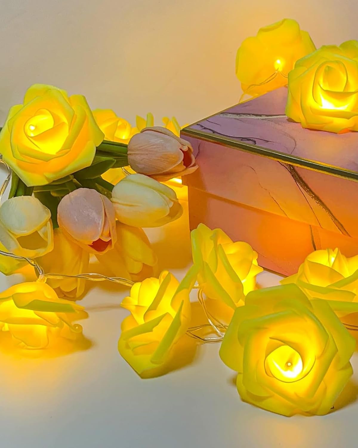 Rose Flower String Lights, 14 LED Electric Operated Romantic Rose Lights, 13Ft Artificial Flowers Garland Led Lights for Valentine's Day Wedding Indoor Outdoor Festival Party Decor Yellow