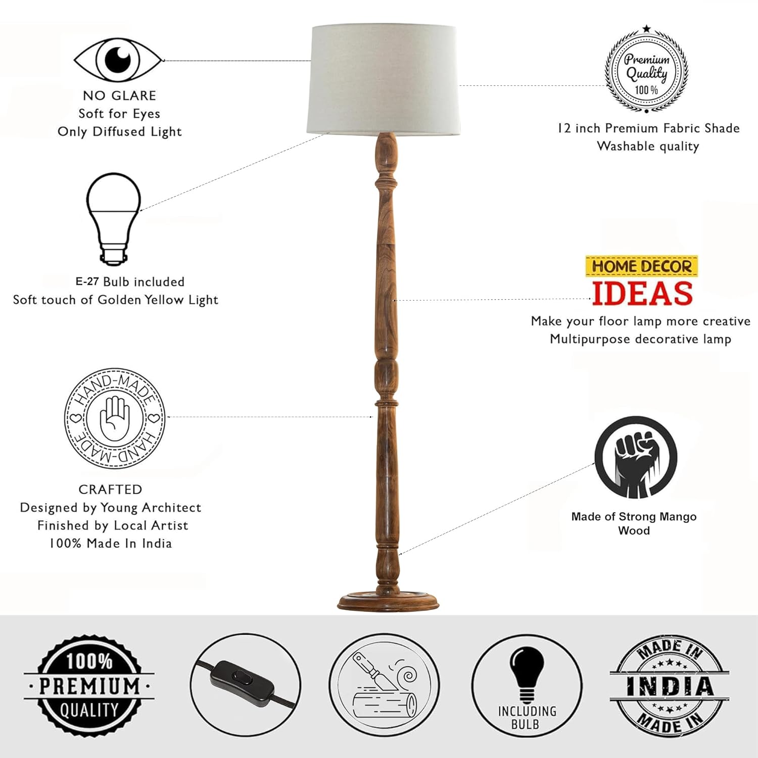 Classic Chic Vintage Stand Floor Lamp with Multicolor Taper Lamp Shade | Light Decoration for Home | Living Room & Bedroom Bedside Floor Lamp | Wooden Floor Lamp Round Rim Jute