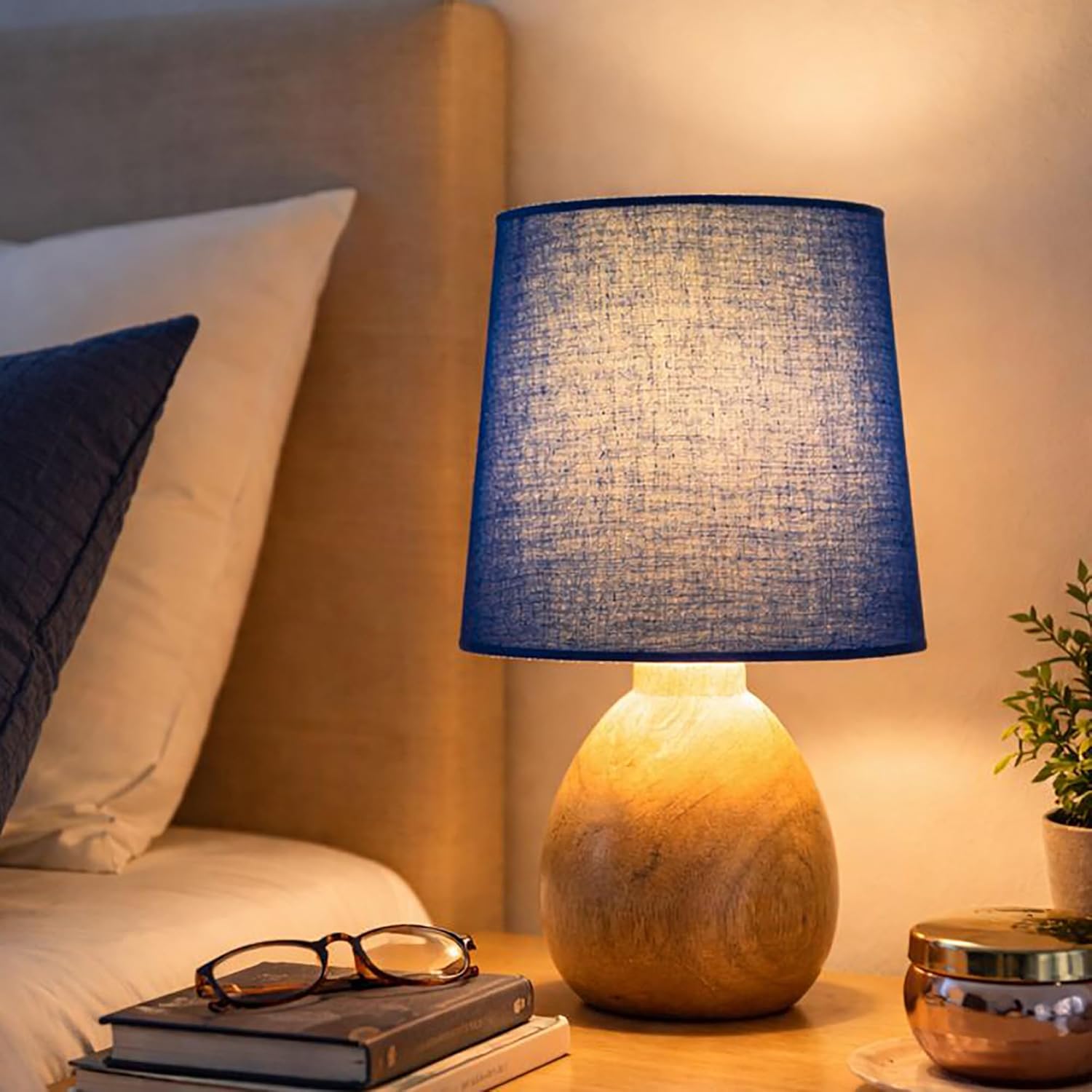 Cute Dowel Pot Wooden Table Lamp for Bedroom, Small Table Lamp Farmhouse Rustic Lamp Set Bedside Table Lamps for Nightstand Side Table Lamps for Living Room for Bedroom, Home Office, Living Room, Kids Dorm Blue