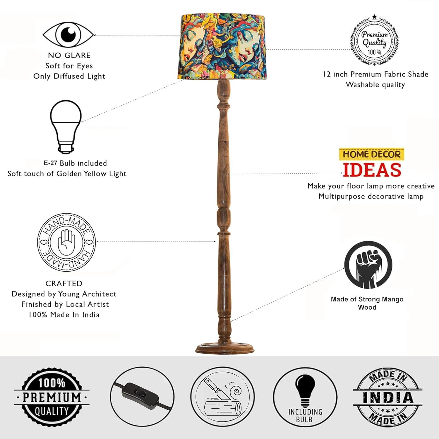 Classic Chic Vintage Stand Floor Lamp with Multicolor Taper Lamp Shade | Light Decoration for Home | Living Room & Bedroom Bedside Floor Lamp | Wooden Floor Lamp Round Rim Butterflies