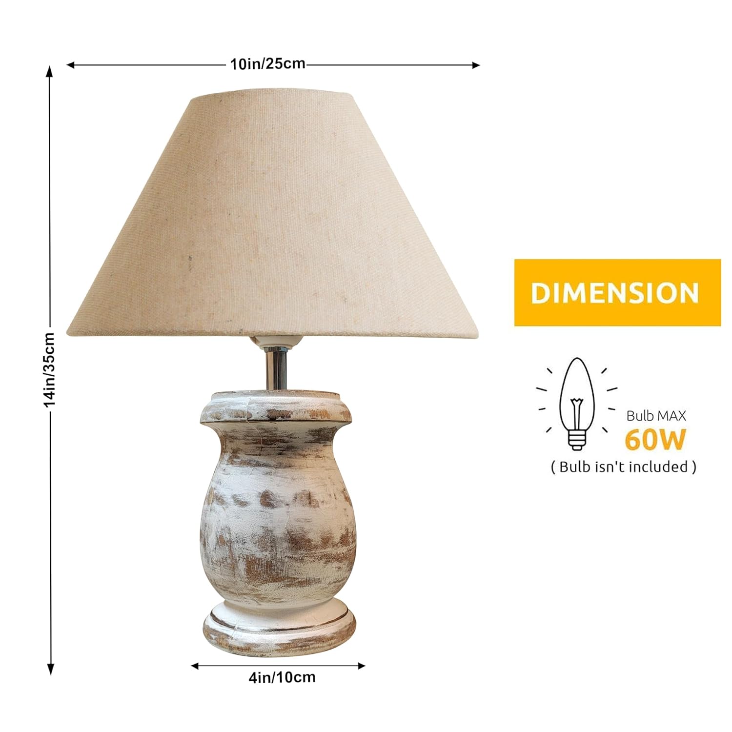 Dowel Antique White Mid Century Single Table Lamp for Living Room Farmhouse Linen Bedside Lamps for Bedroom Kids Room Dorm Office Jute