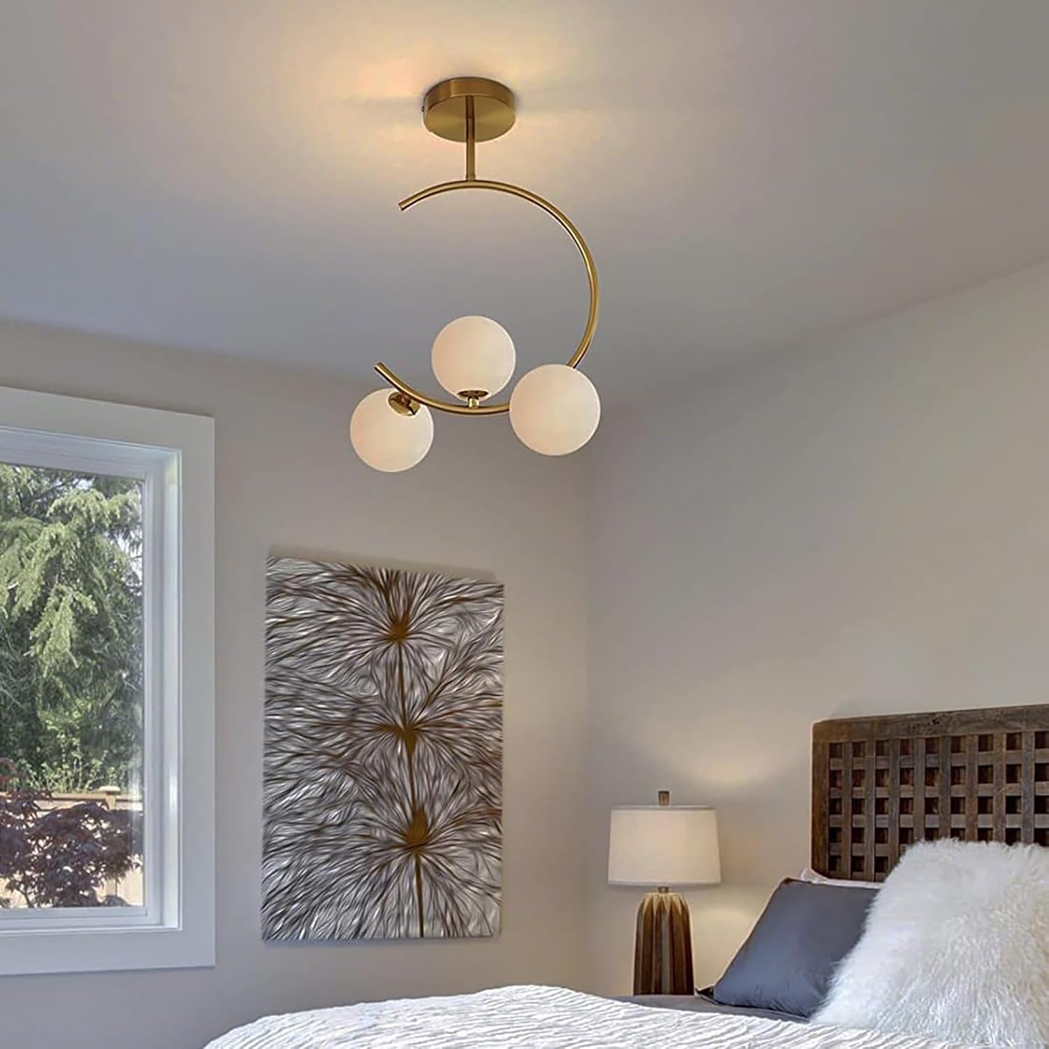 Modern Mini Chandelier Lamp, Crystal Ceiling Light, Semi-Flush Mount Corridor Lights Lamp for Bedroom White