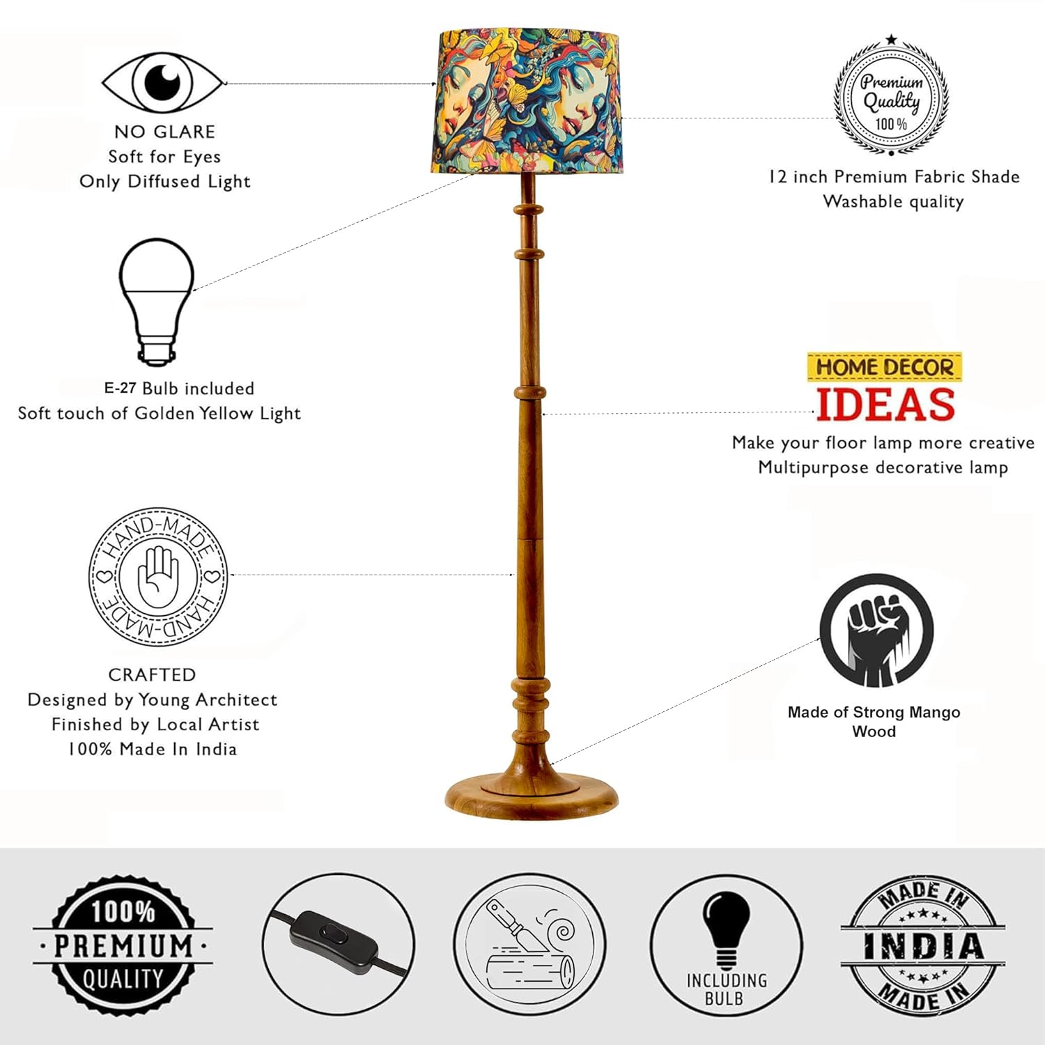 Decorcity Rustic Walnut Brown Wood Floor Lamp | Multicolor Fabric Shade Antique Style | Tall 138 cm Candlestick Tripod Light for Living Room Bedroom Corner Décor | Tulib Butterflies