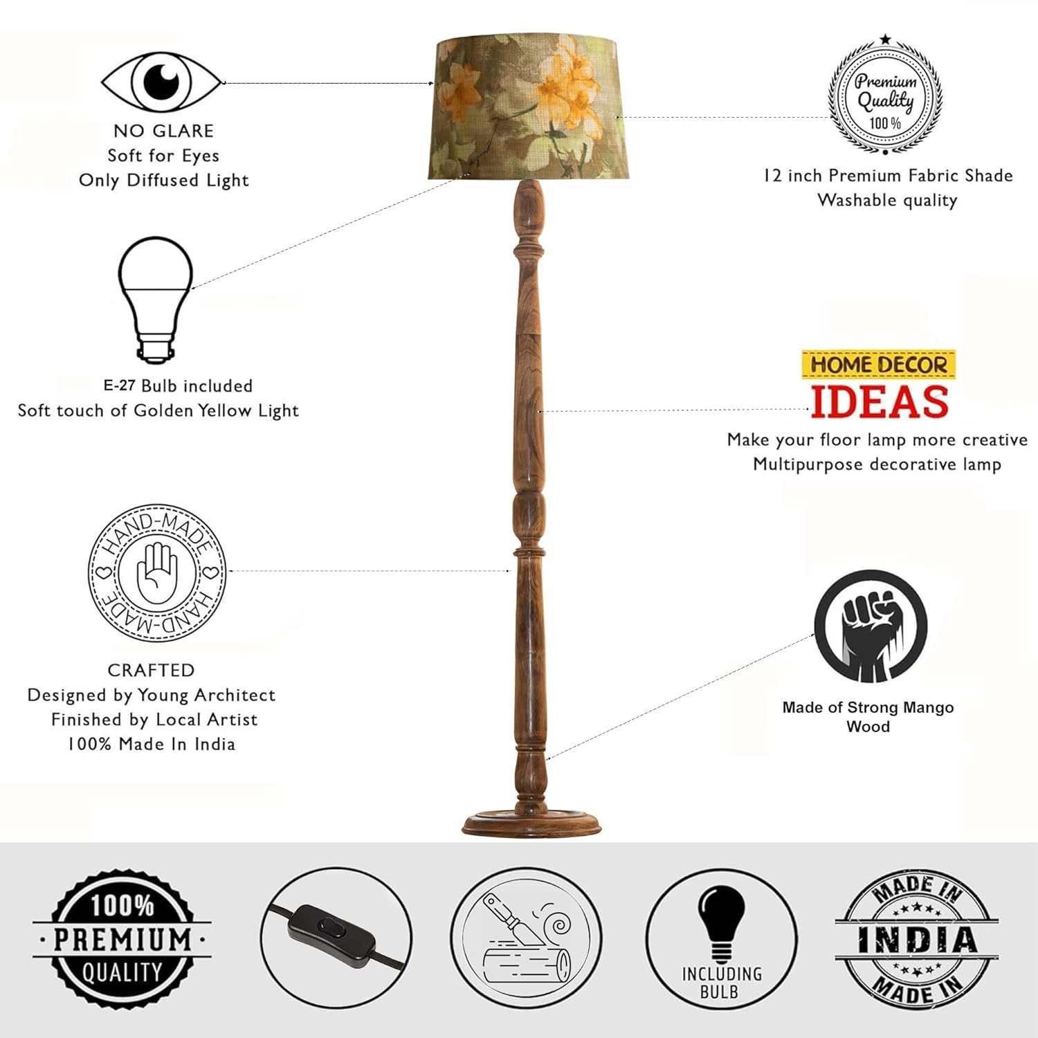 Classic Chic Vintage Stand Floor Lamp with Multicolor Taper Lamp Shade | Light Decoration for Home | Living Room & Bedroom Bedside Floor Lamp | Wooden Floor Lamp Round Rim wild meadow