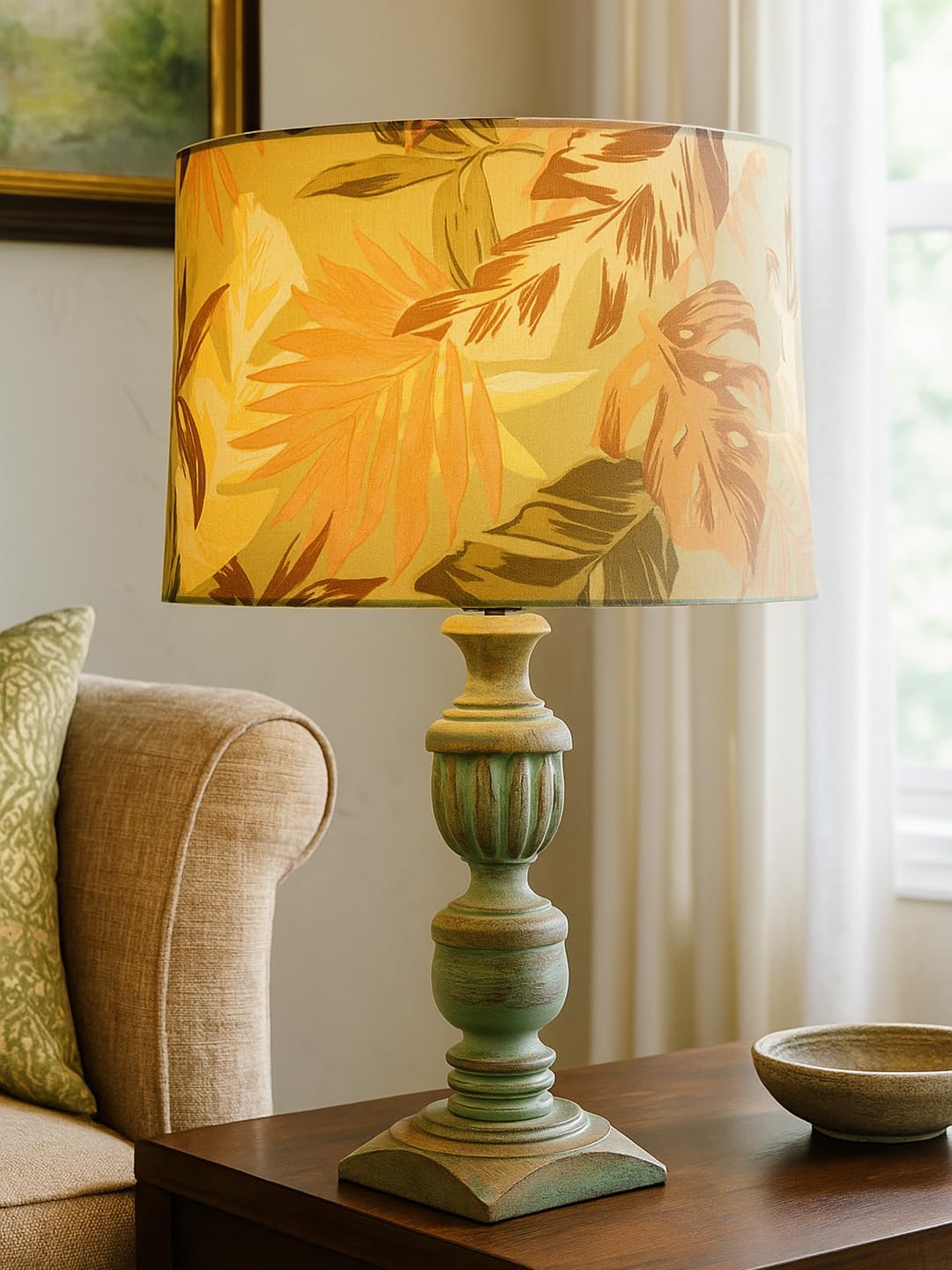 Decorcity Vintage Rustic Wooden Table Lamp for Living Room & Bedroom | Handcrafted Teal Distressed Base with Fabric Drum Shade | Bedside Nightstand Lamp for Home Décor (Palm Leaf)