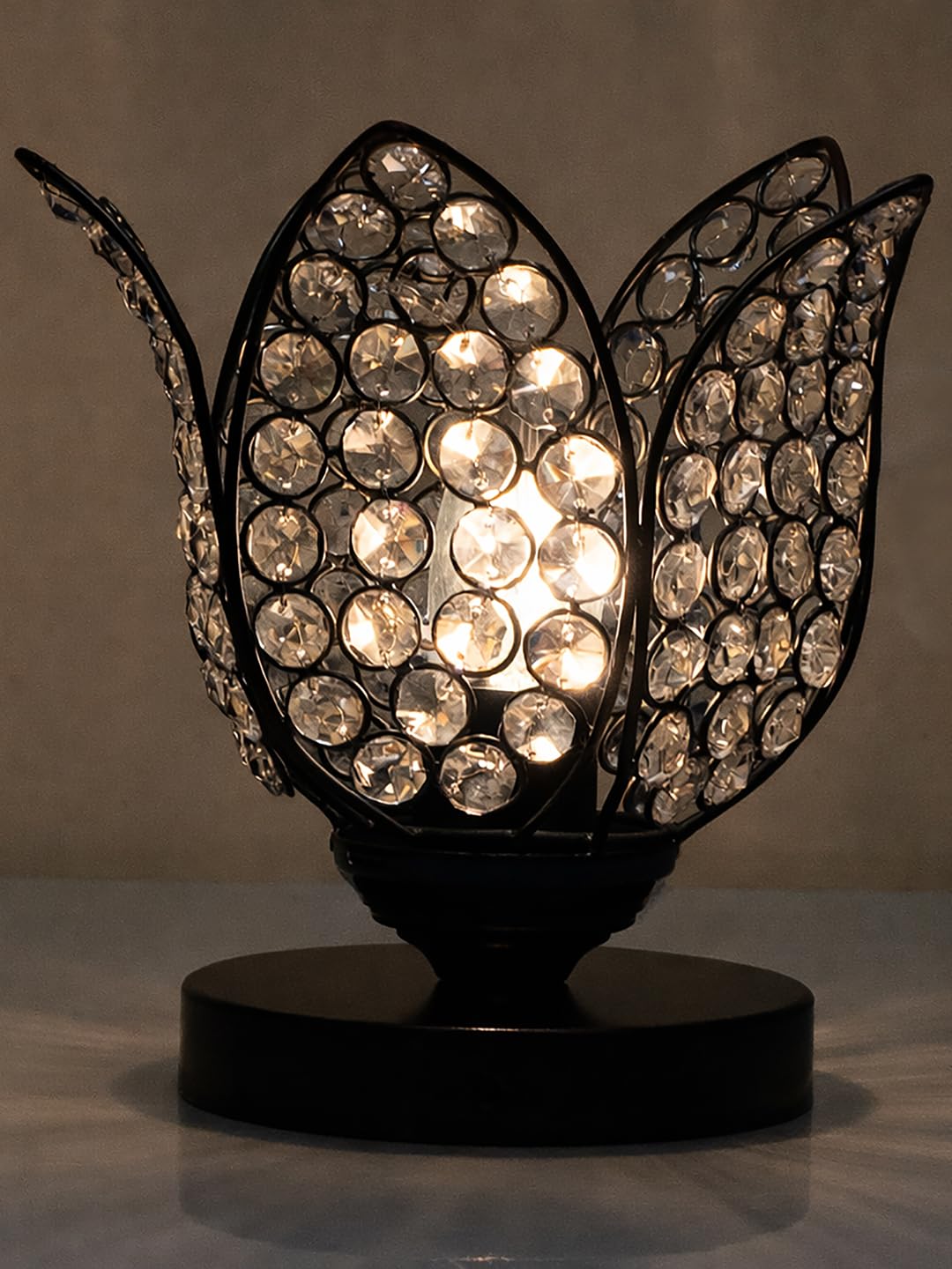 Crystal Lotus Table Lamp for Bedroom & Living Room | Modern Gold Decorative Desk Lamp | Warm White Night Lamp for Home, Office, Bedside & Corner Décor (Black)