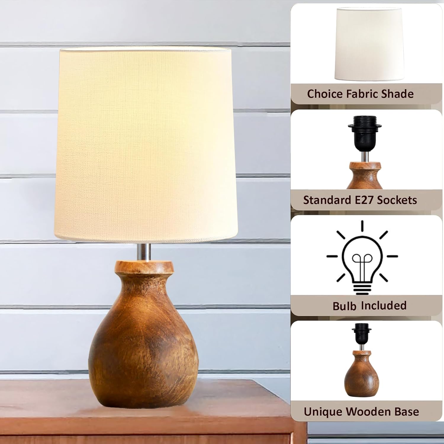 Mini Farmhouse Wooden Dome Dowel Pot Table Lamps Vintage Small Lamps Decorative for Small Spaces Bedside Lamps Suitable for Nightstand Children's Room or University Dormitory White