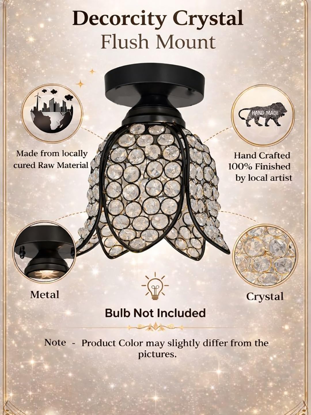 Modern Crystal Flush Mount Ceiling Light | Gold Finish Decorative Ceiling Lamp for Hallway, Bedroom, Living Room, Balcony & Foyer | Warm Light Home Decor Fixture (Black Lotus)