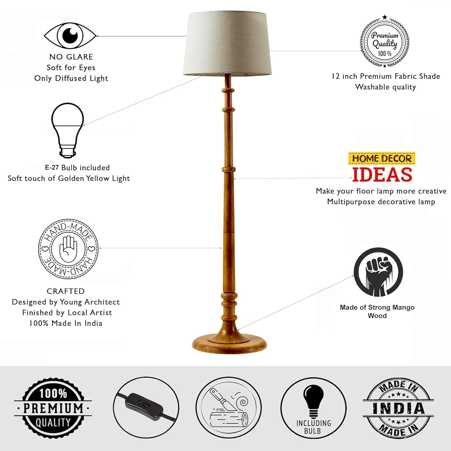 Classic Chic Vintage Stand Floor Lamp with Multicolor Taper Lamp Shade | Light Decoration for Home | Living Room & Bedroom Bedside Floor Lamp | Wooden Floor Lamp Tulib Beige