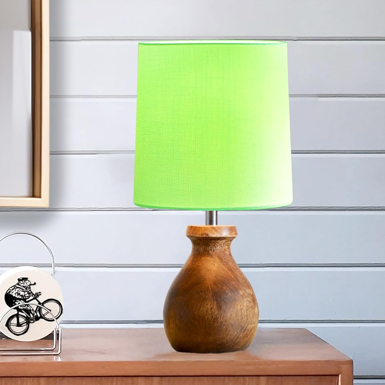 Mini Farmhouse Wooden Dome Dowel Pot Table Lamps Vintage Small Lamps Decorative for Small Spaces Bedside Lamps Suitable for Nightstand Children's Room or University Dormitory Green