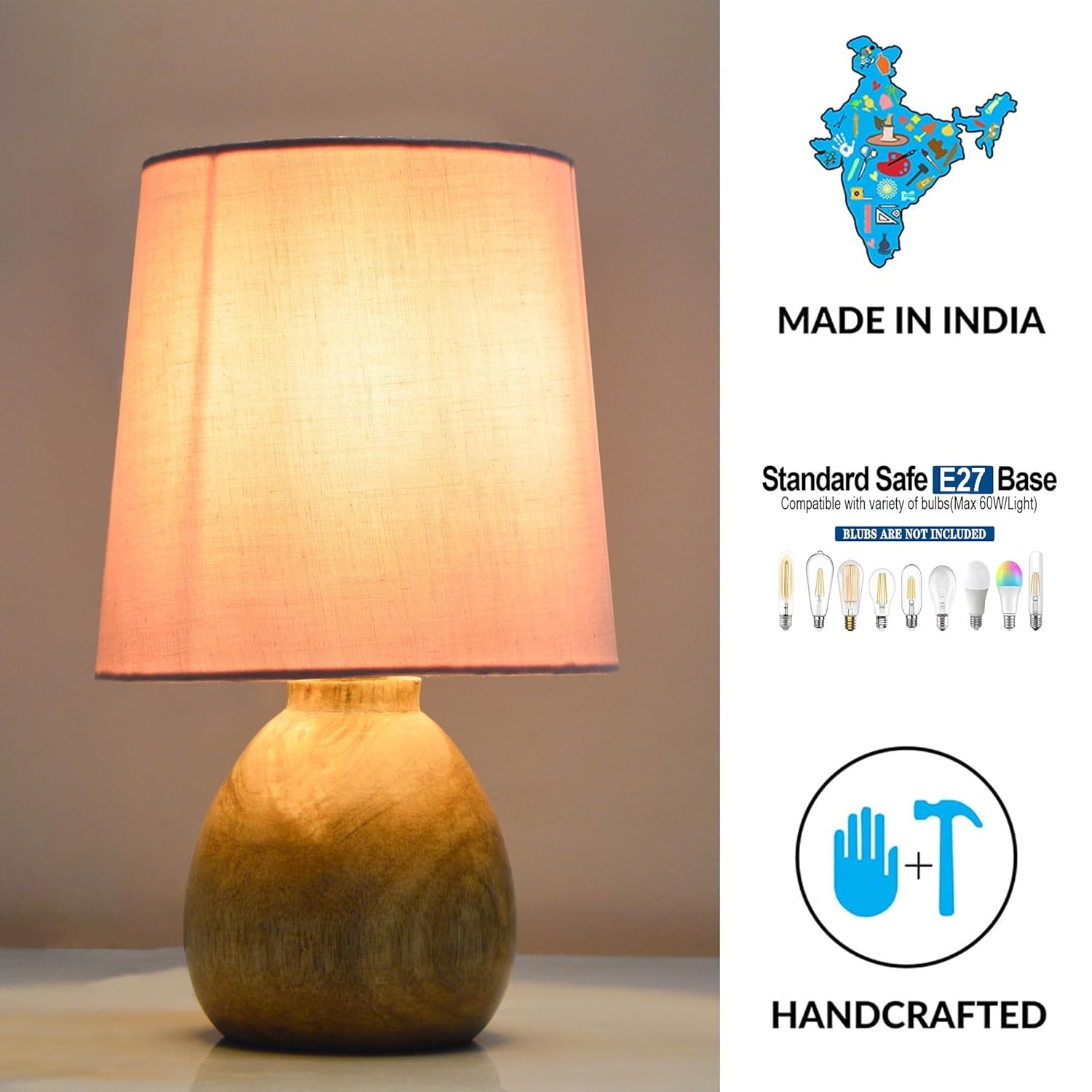 Cute Dowel Pot Wooden Table Lamp for Bedroom, Small Table Lamp Farmhouse Rustic Lamp Set Bedside Table Lamps for Nightstand Side Table Lamps for Living Room for Bedroom, Home Office, Living Room, Kids Dorm Pink