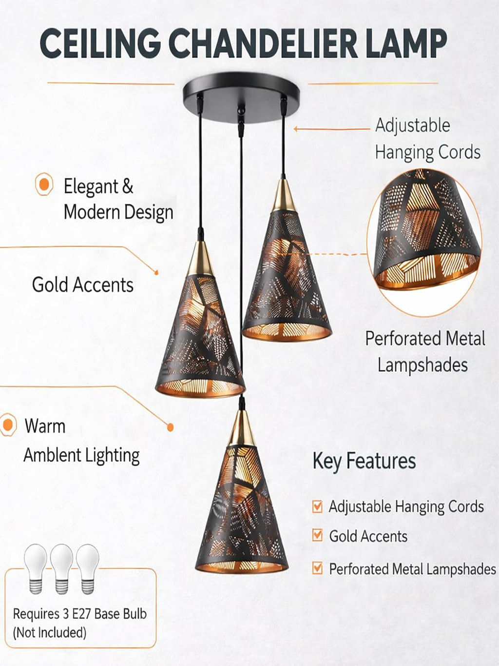 Farmhouse Pendant Light Metal Hanging Light Fixture Kitchen Island Lights Black with Gold Shade Adjustable Wire for Flat and Slop Ceiling, Kitchen Island, Bedroom, Dining Entryway Light Hexa