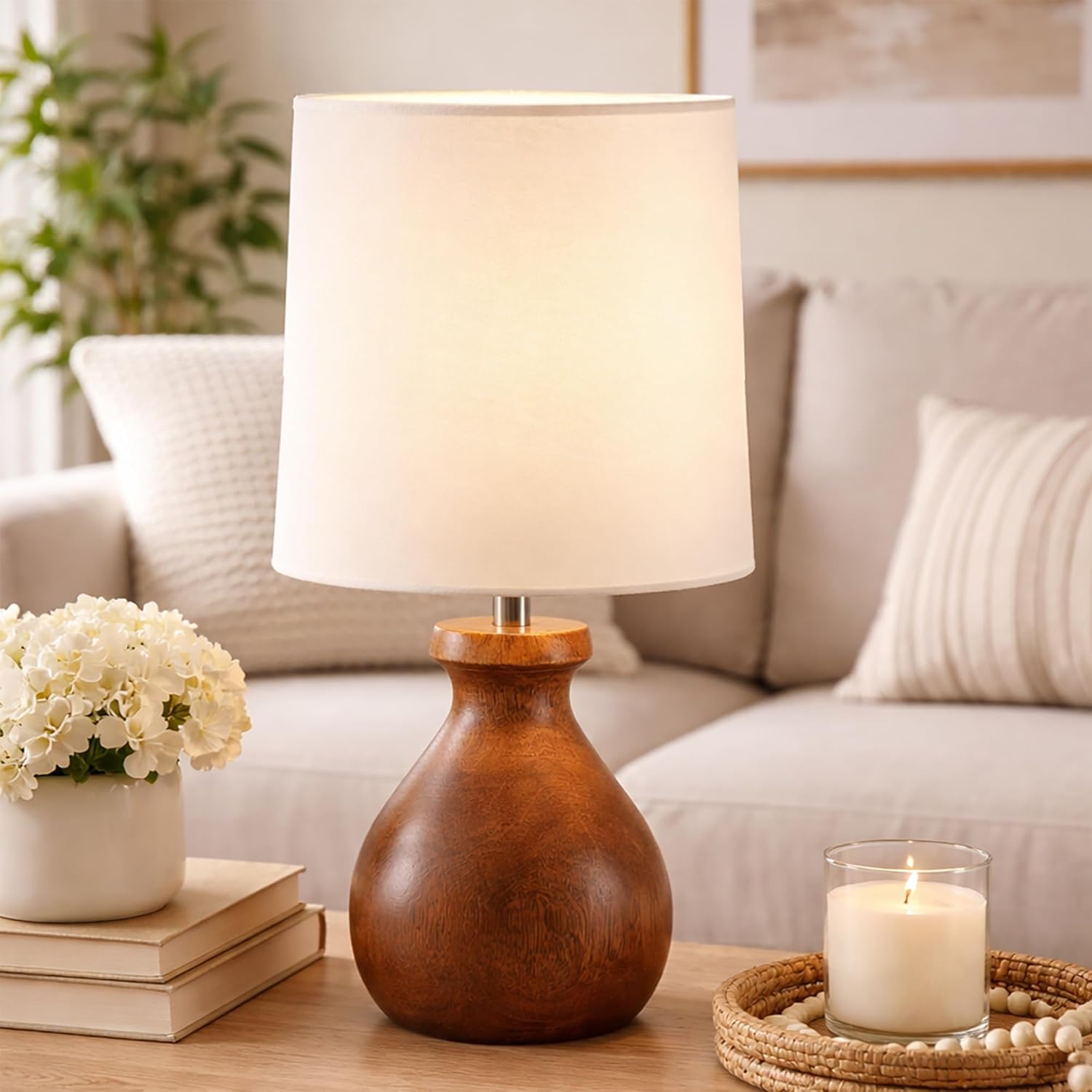 Mini Farmhouse Wooden Dome Dowel Pot Table Lamps Vintage Small Lamps Decorative for Small Spaces Bedside Lamps Suitable for Nightstand Children's Room or University Dormitory White