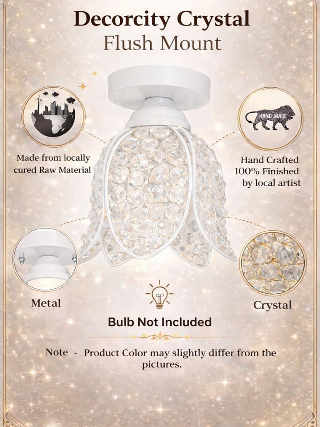 Modern Crystal Flush Mount Ceiling Light | Gold Finish Decorative Ceiling Lamp for Hallway, Bedroom, Living Room, Balcony & Foyer | Warm Light Home Decor Fixture (White Lotus)
