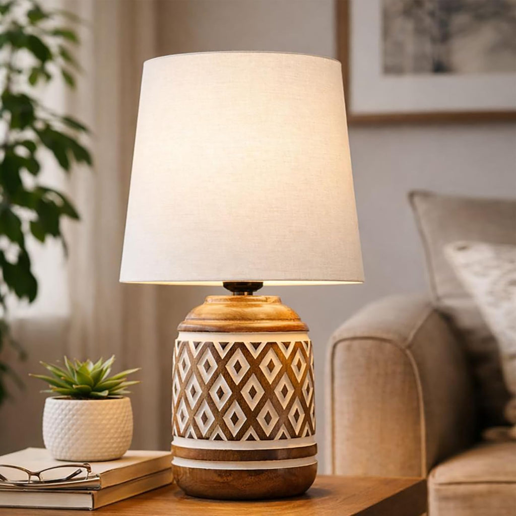 Antique Carved Wood Table Lamp with Linen Wooden Nightstand Lamp Kids Table Lamp for Bedroom Kids Bedside Cartoon Nursery Lamp Lampshade for Girls Boys Living Room White