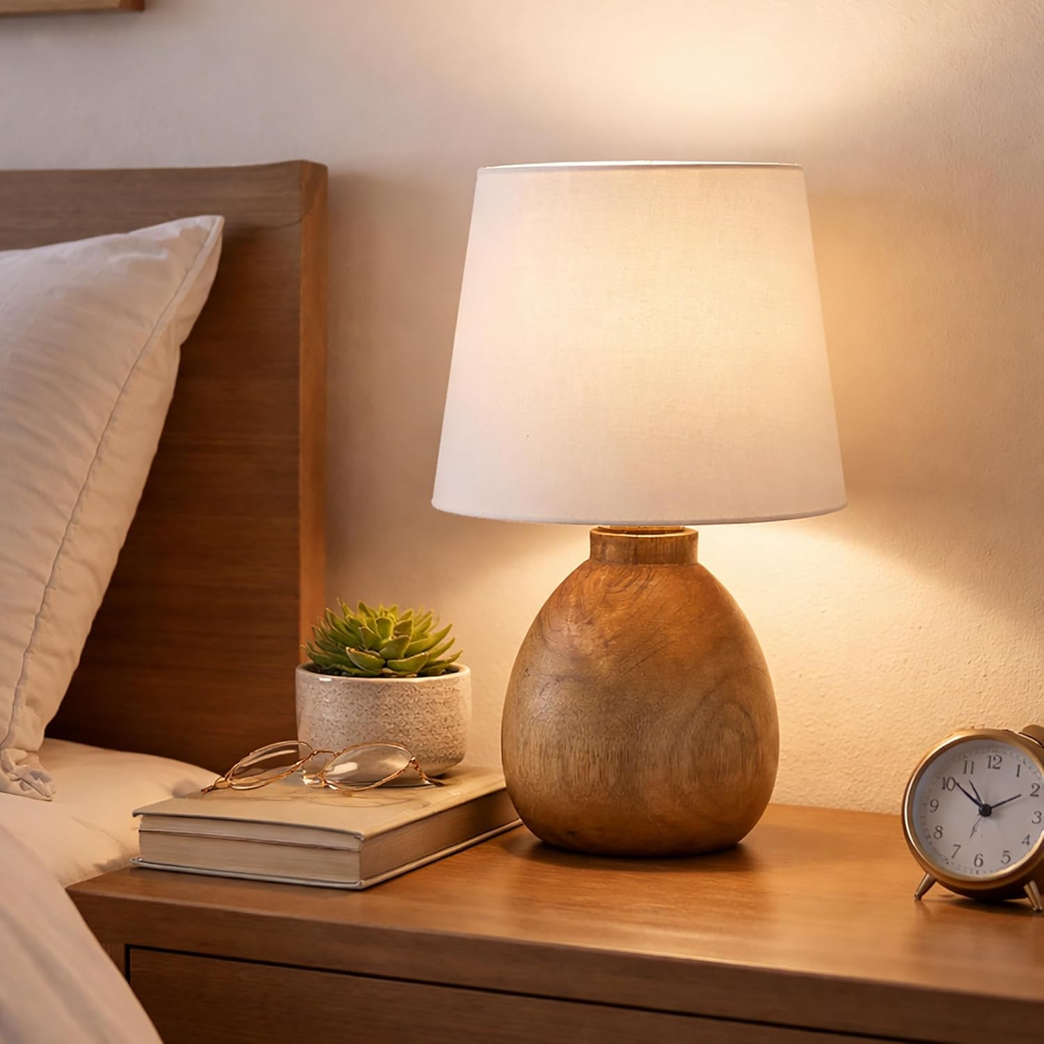 Cute Dowel Pot Wooden Table Lamp for Bedroom, Small Table Lamp Farmhouse Rustic Lamp Set Bedside Table Lamps for Nightstand Side Table Lamps for Living Room for Bedroom, Home Office, Living Room, Kids Dorm White