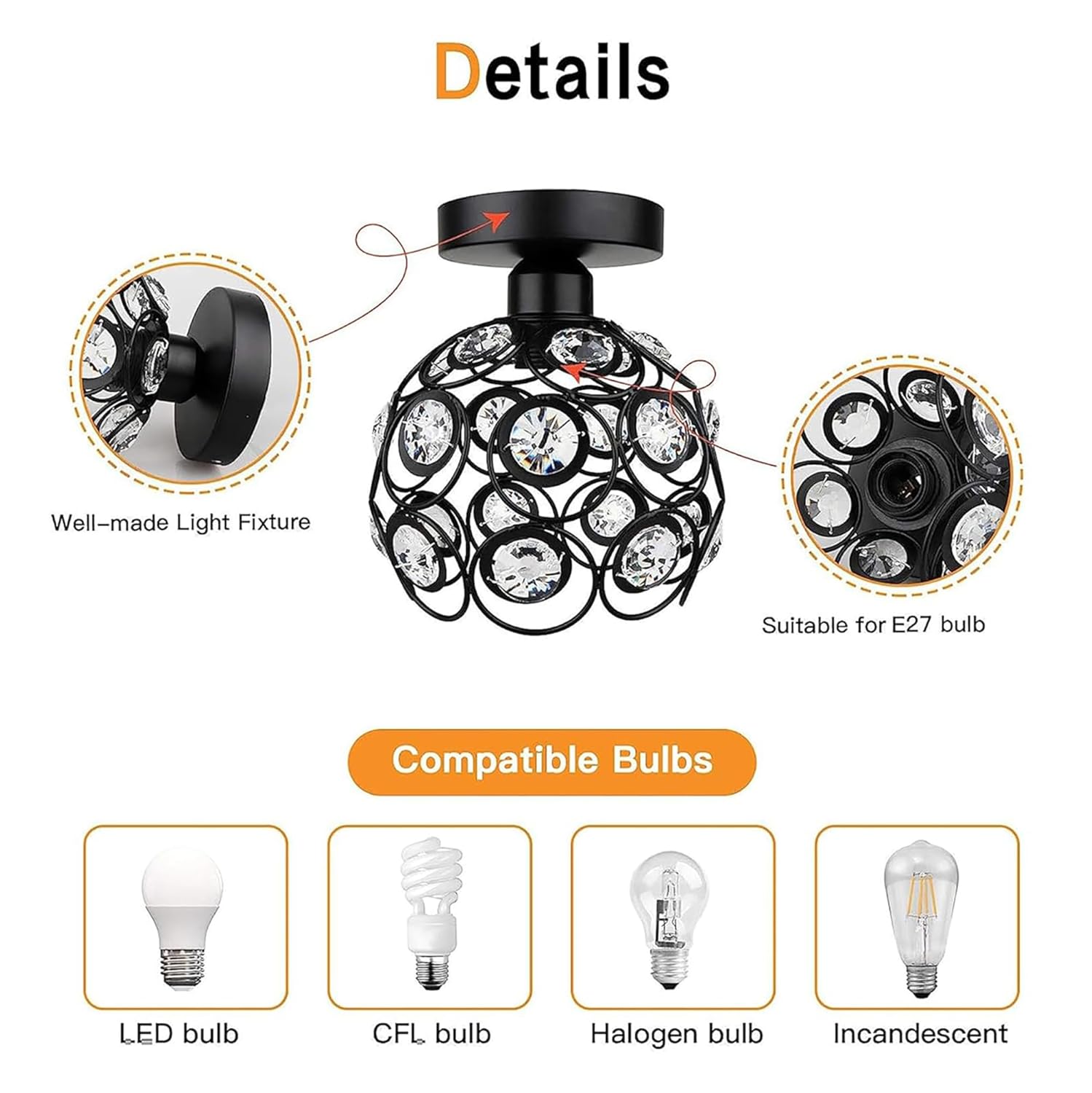 Modern Mini Chandelier Lamp, Crystal Ceiling Light, Semi-Flush Mount Corridor Lights Lamp for Bedroom Black