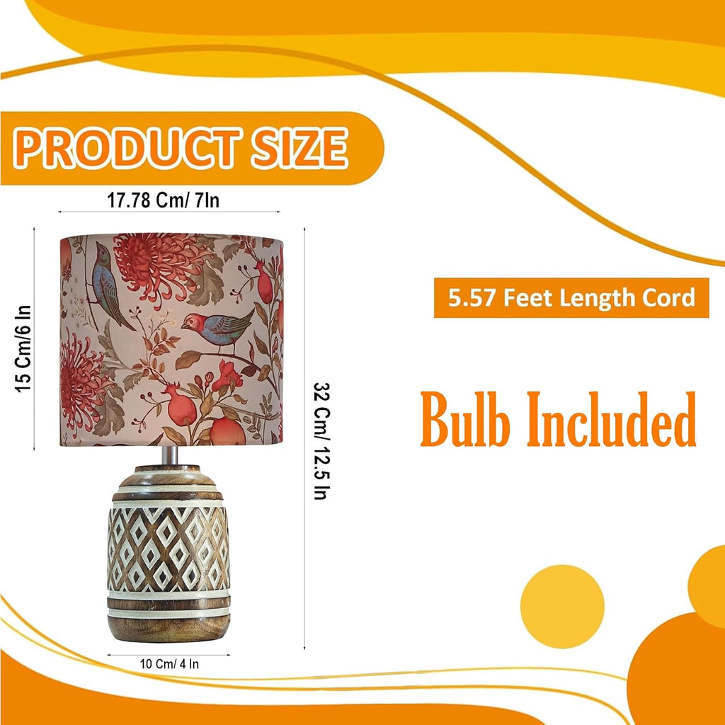 Antique Carved Cylinder Wood Table Lamp Wooden Nightstand Lamp Kids Table Lamp for Bedroom Kids Bedside Cartoon Nursery Lamp with Shade Bird