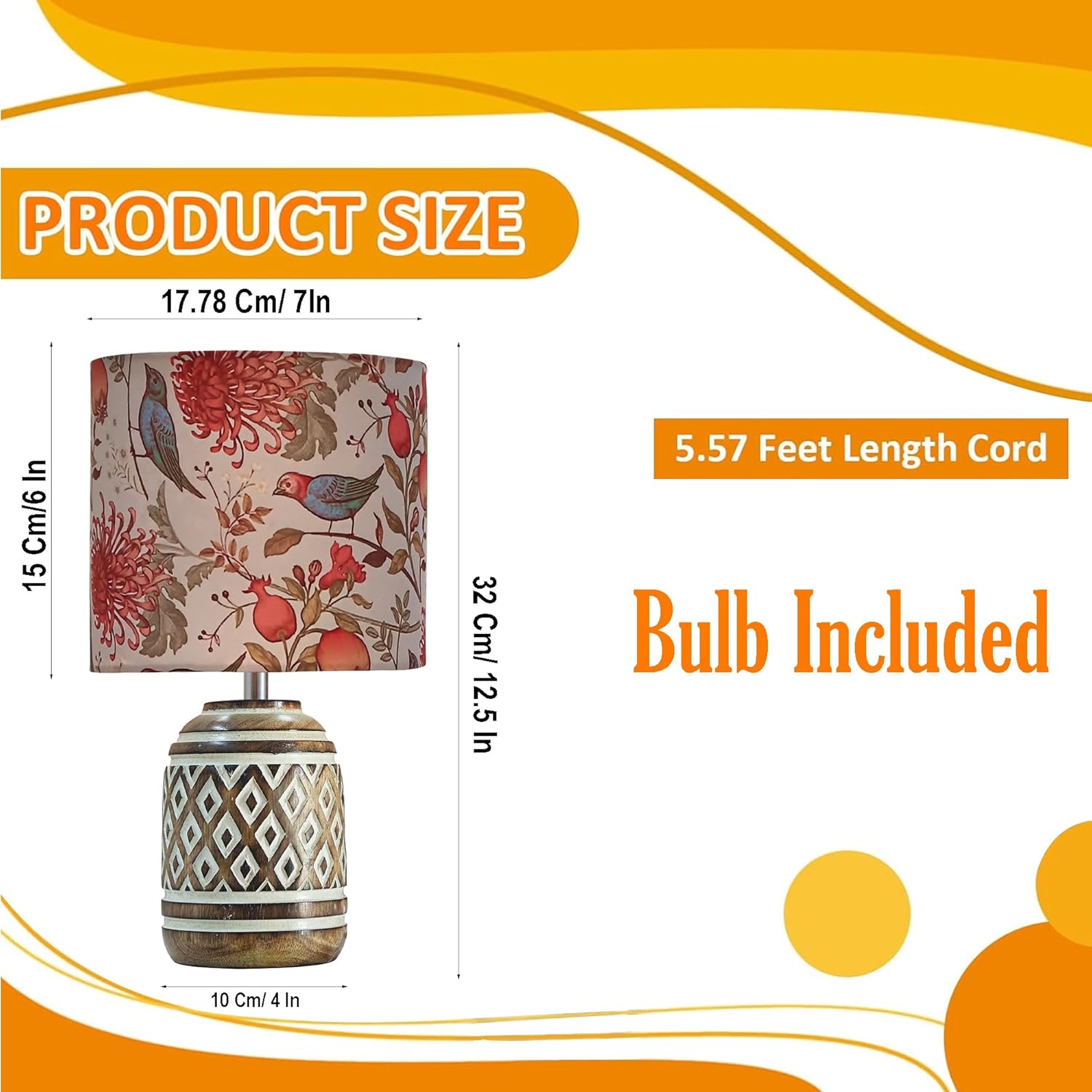 Antique Carved Cylinder Wood Table Lamp Wooden Nightstand Lamp Kids Table Lamp for Bedroom Kids Bedside Cartoon Nursery Lamp with Shade Bird