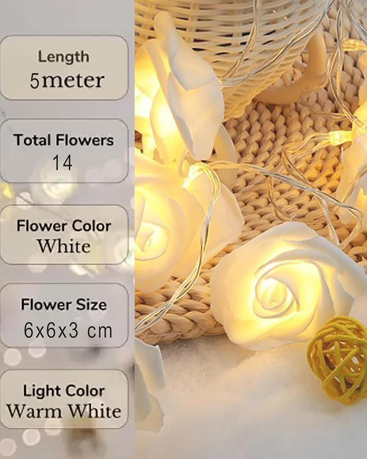 Rose Flower String Lights, 14 LED Electric Operated Romantic Rose Lights, 13Ft Artificial Flowers Garland Led Lights for Valentine's Day Wedding Indoor Outdoor Festival Party Decor White