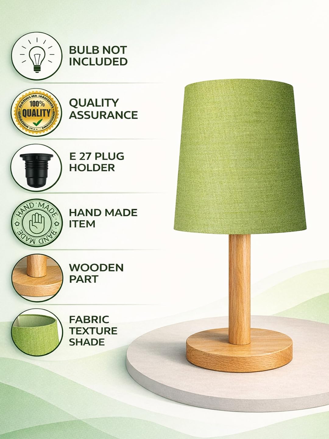Decorcity Stick Wooden Table Lamp for Bedroom & Living Room | Bedside Night Lamp with Fabric Shade | Modern Wooden Desk Lamp for Home Décor, Study, Office & Hotel (Green)