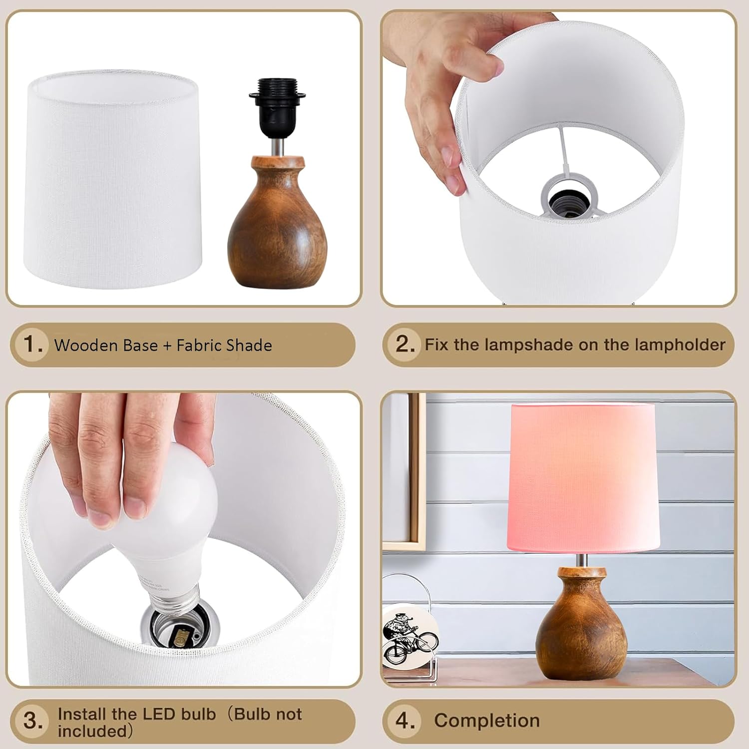 Mini Farmhouse Wooden Dome Dowel Pot Table Lamps Vintage Small Lamps Decorative for Small Spaces Bedside Lamps Suitable for Nightstand Children's Room or University Dormitory Pink