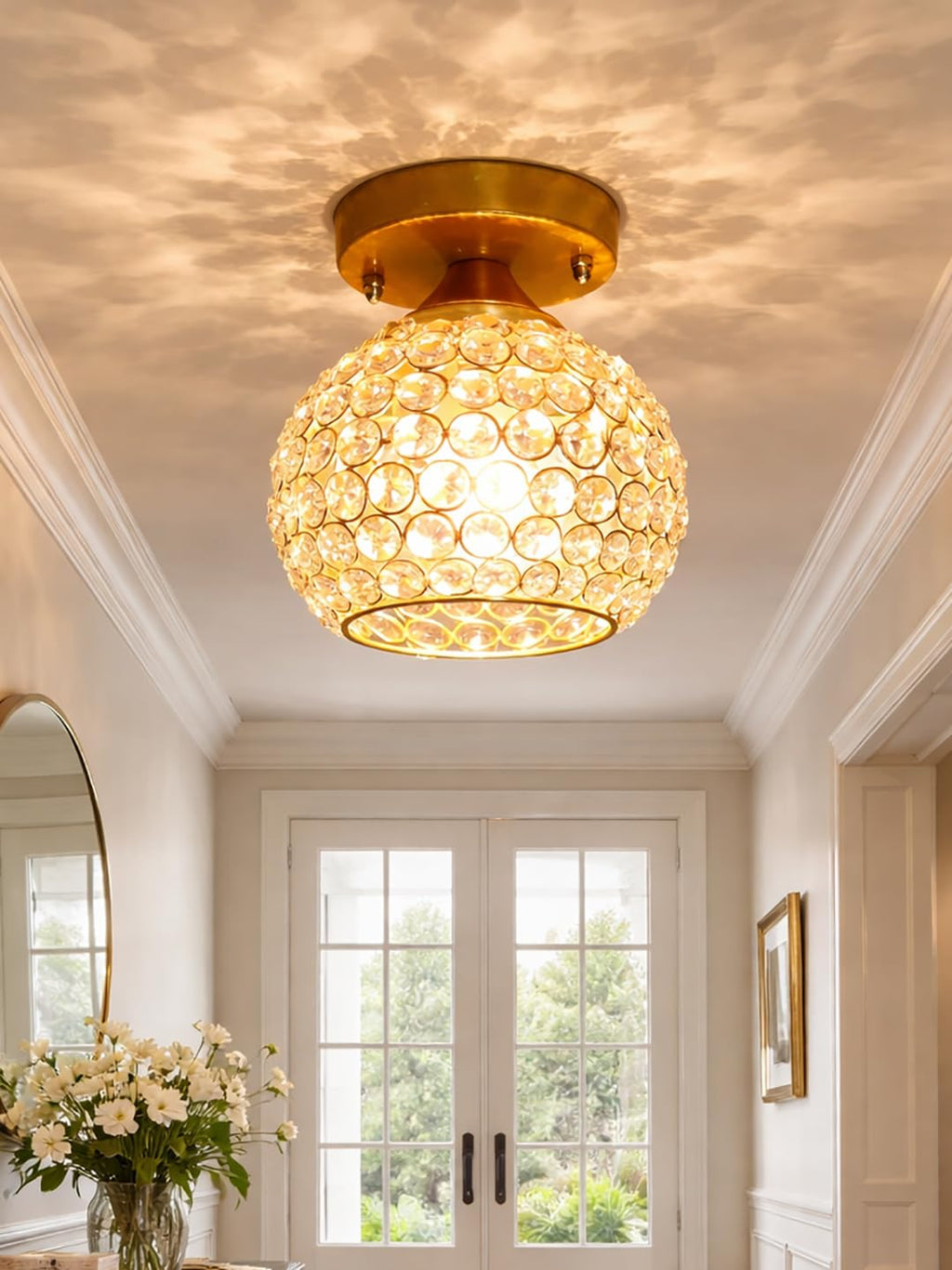 Modern Crystal Flush Mount Ceiling Light | Gold Finish Decorative Ceiling Lamp for Hallway, Bedroom, Living Room, Balcony & Foyer | Warm Light Home Decor Fixture (Hlag Globe)