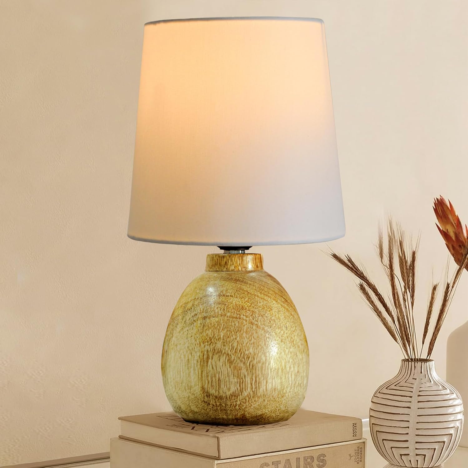 Cute Dowel Pot Wooden Table Lamp for Bedroom, Small Table Lamp Farmhouse Rustic Lamp Set Bedside Table Lamps for Nightstand Side Table Lamps for Living Room for Bedroom, Home Office, Living Room, Kids Dorm White