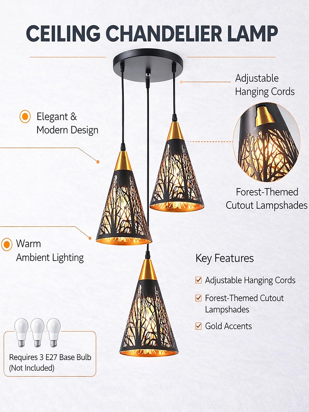 Farmhouse Pendant Light Metal Hanging Light Fixture Kitchen Island Lights Black with Gold Shade Adjustable Wire for Flat and Slop Ceiling, Kitchen Island, Bedroom, Dining Entryway Light Tree