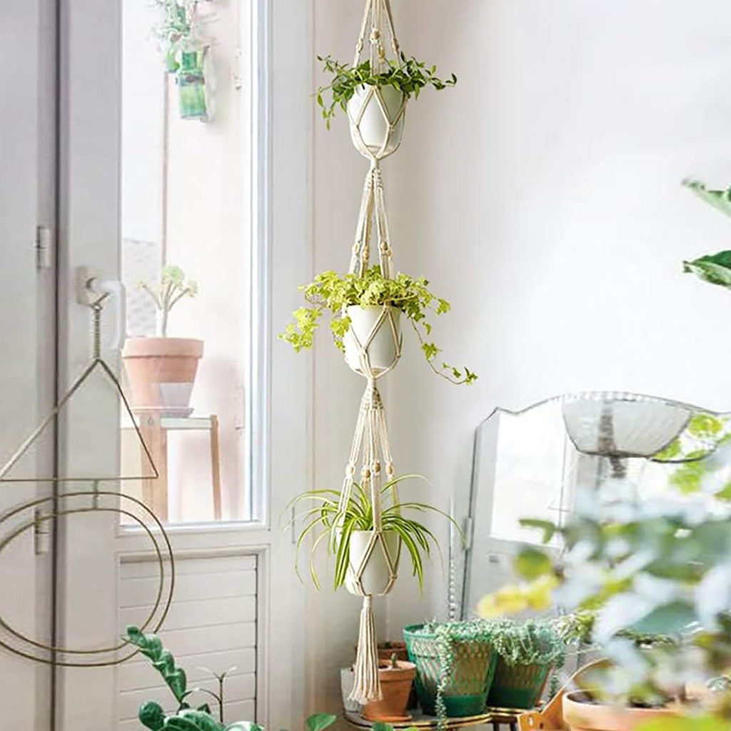 Macrame Plant Hanger 3 Tier Indoor Outdoor Hanging Planter Basket Cotton Rope with Beads 70 Inches 2 pack