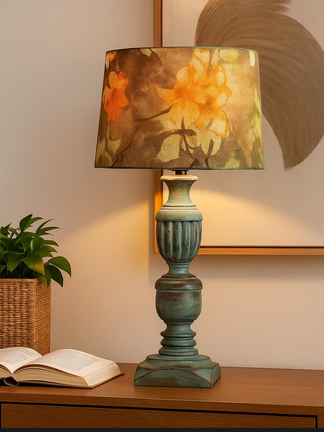 Decorcity Vintage Rustic Wooden Table Lamp for Living Room & Bedroom | Handcrafted Teal Distressed Base with Fabric Drum Shade | Bedside Nightstand Lamp for Home Décor (Wild Meadow)