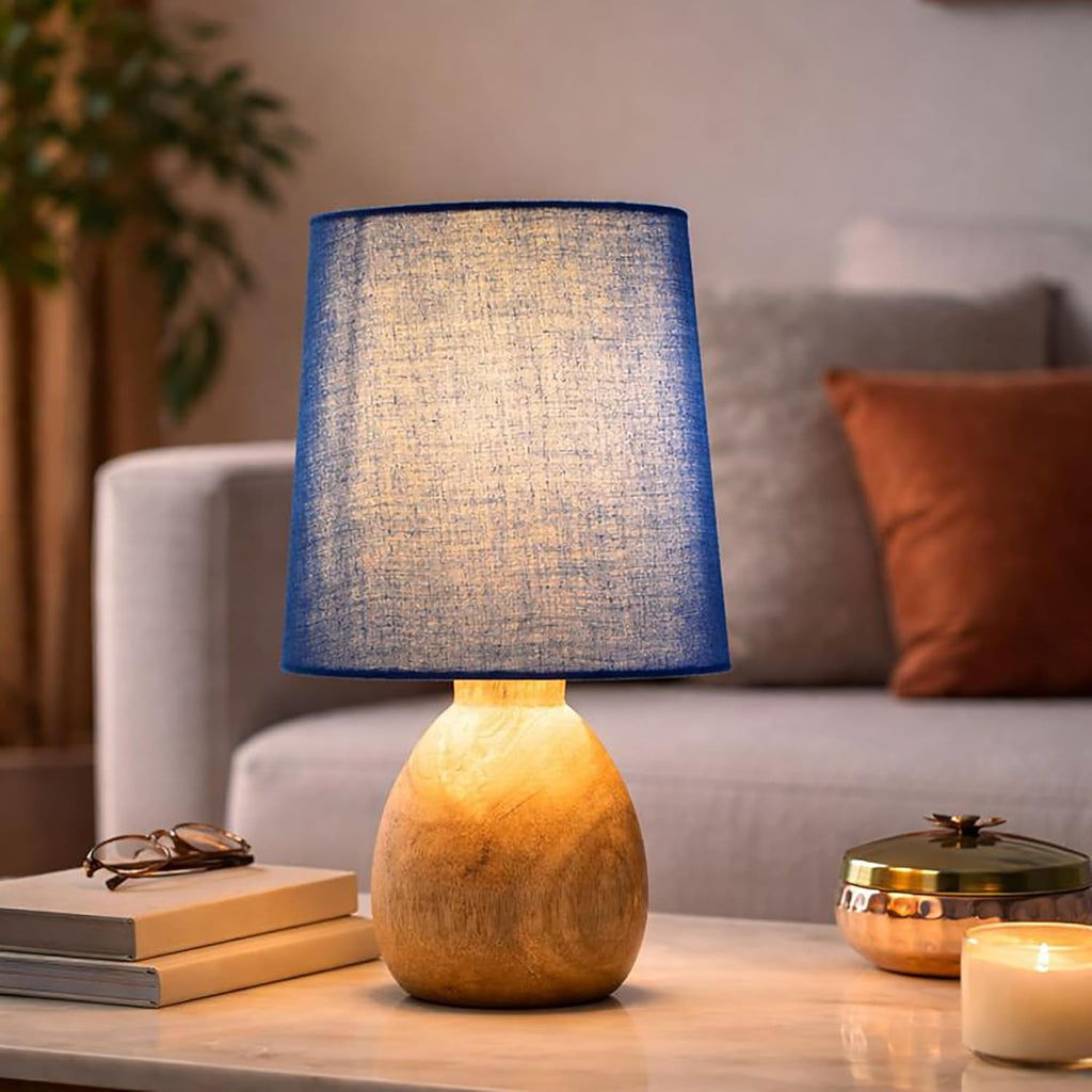 Cute Dowel Pot Wooden Table Lamp for Bedroom, Small Table Lamp Farmhouse Rustic Lamp Set Bedside Table Lamps for Nightstand Side Table Lamps for Living Room for Bedroom, Home Office, Living Room, Kids Dorm Blue