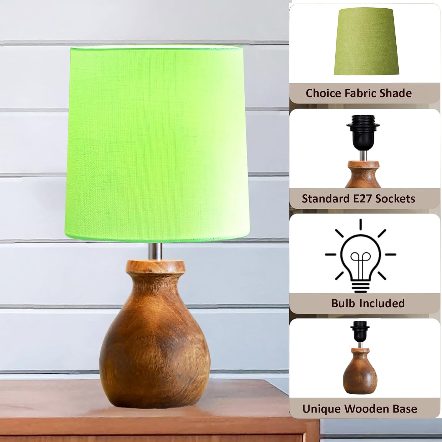 Mini Farmhouse Wooden Dome Dowel Pot Table Lamps Vintage Small Lamps Decorative for Small Spaces Bedside Lamps Suitable for Nightstand Children's Room or University Dormitory Green