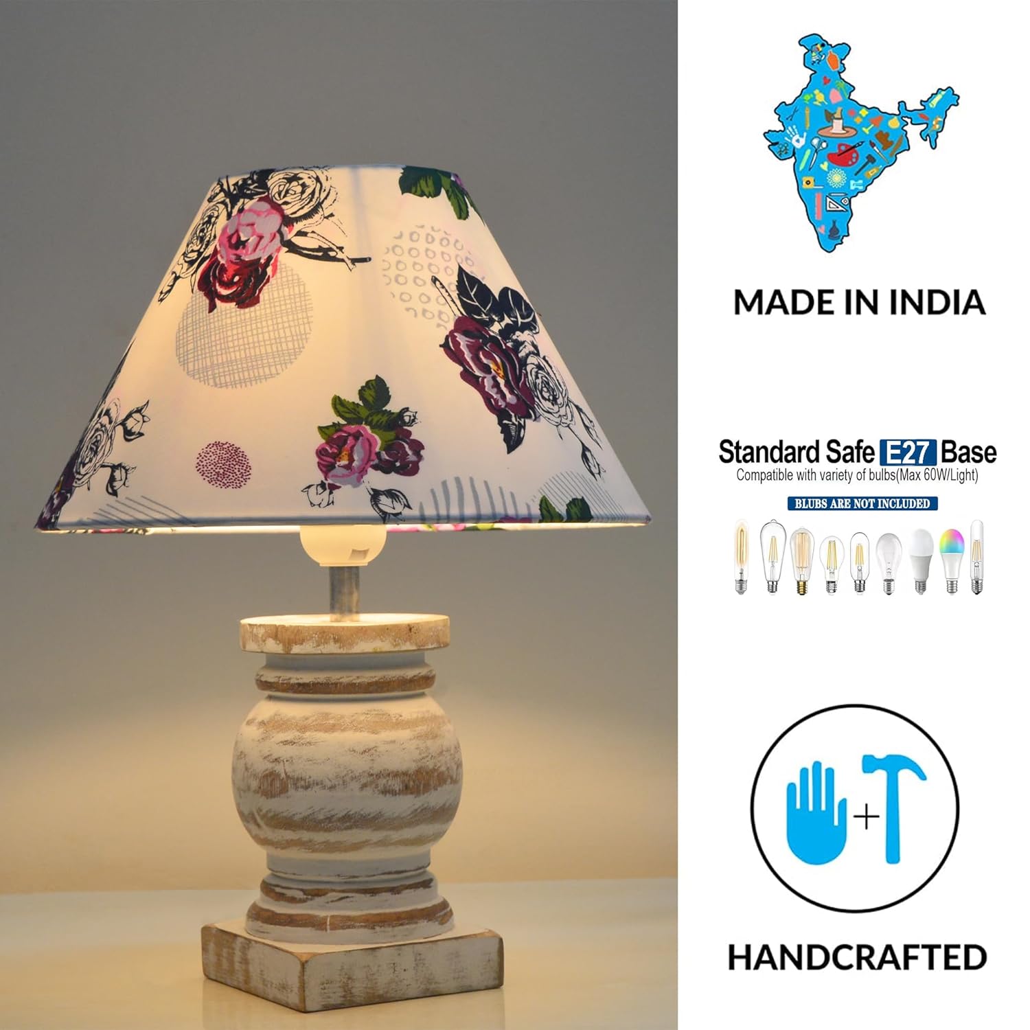 Antique White French Trophy Table Lamp for Bedroom Living Room Simple Retro Wood Grain Farmhouse Bedside Lamp Suitable for Nightstand Children's Room or University Dormitory Rose