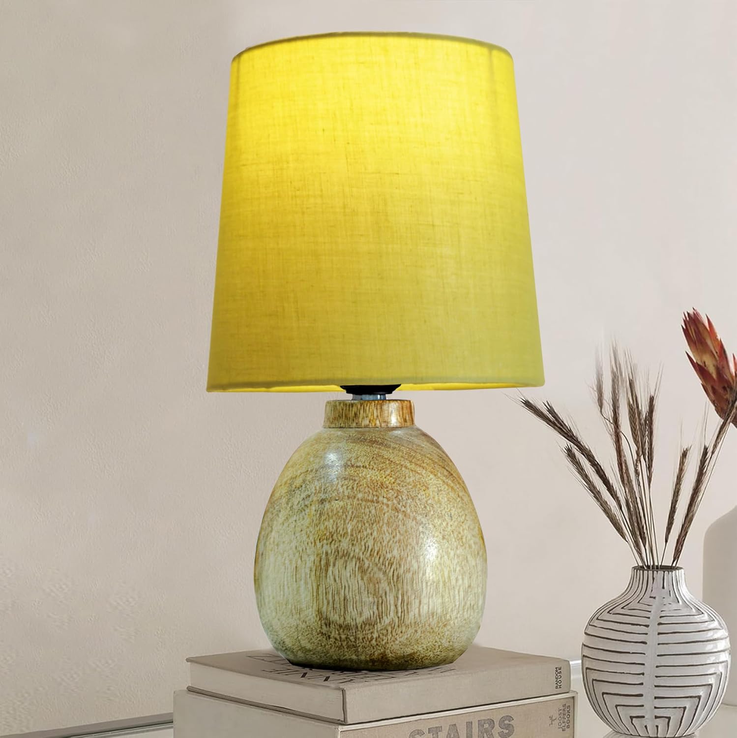 Cute Dowel Pot Wooden Table Lamp for Bedroom, Small Table Lamp Farmhouse Rustic Lamp Set Bedside Table Lamps for Nightstand Side Table Lamps for Living Room for Bedroom, Home Office, Living Room, Kids Dorm Green